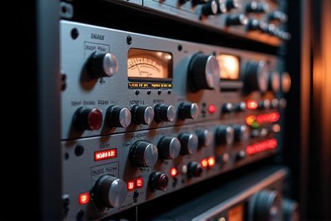 Close-up of analog outboard gear at the studio